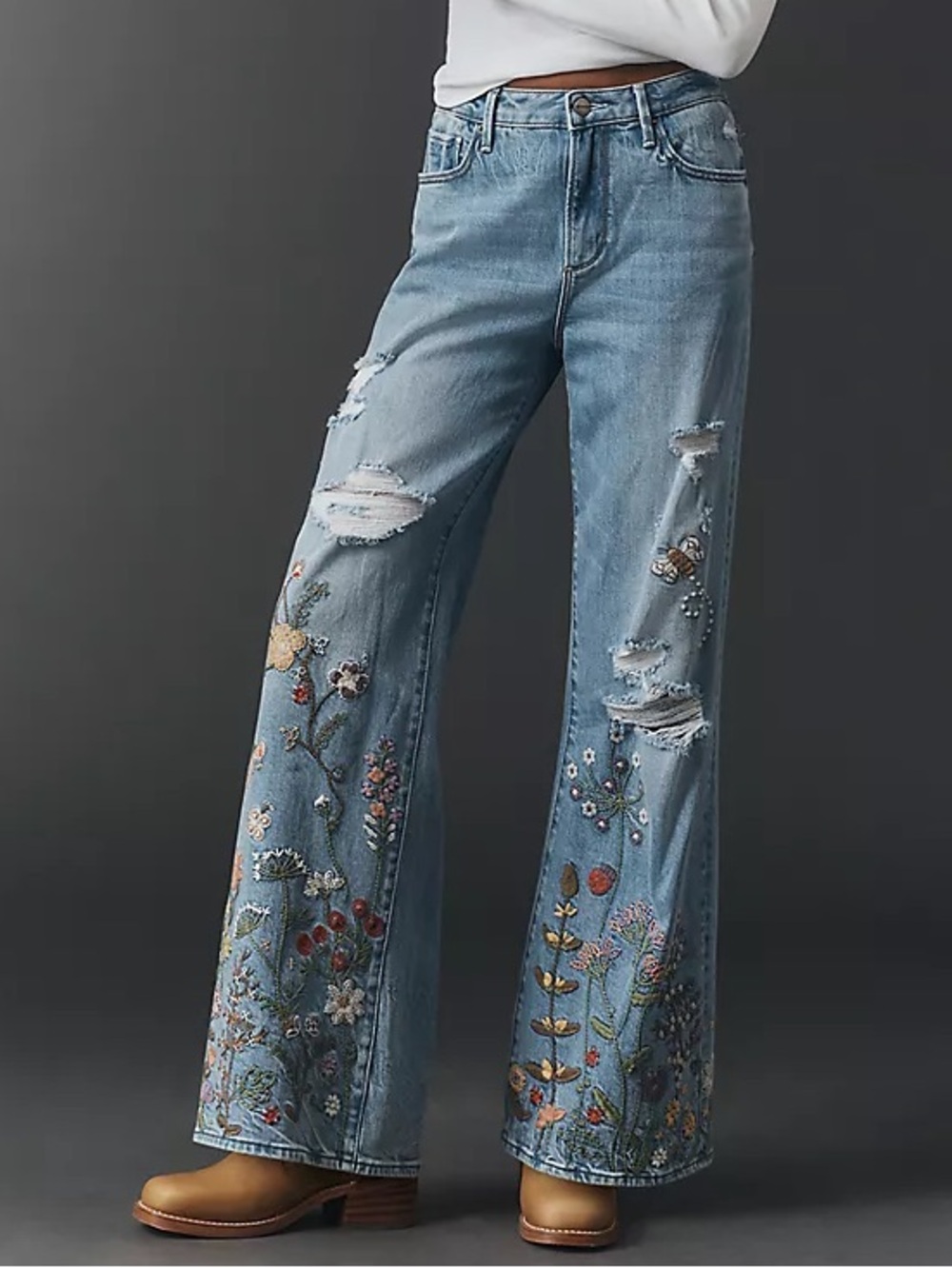 Driftwood Marlena Embroidered Mid-Rise Wide-Leg Jeans 28